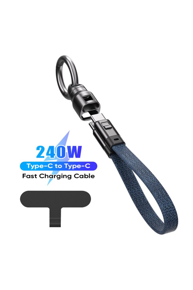 Dark Blue USB-C 240W Mobile Phone Fast Data Cable Type-C to Type-C Keychain Anti Loss Hanging Rope S