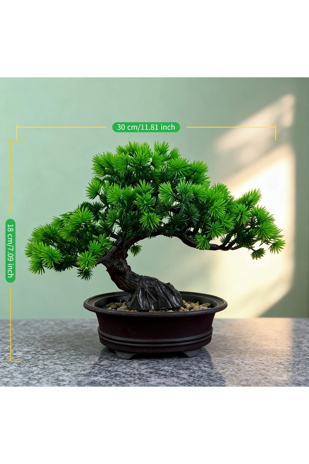 1pcs Round basin Chinese Zen Bonsai Tree, Artificial Pine Landscape in Pot. Mini Desktop Decor for H