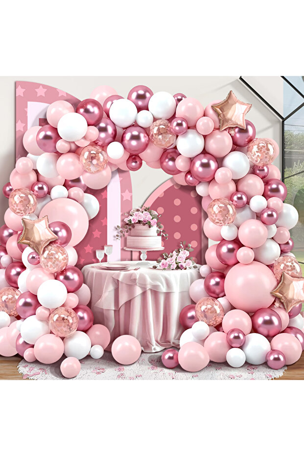 Other As picture 125pcs Pink and White Party Balloon Arch Set, Featuring Rose Gold Five-Pointed Sta