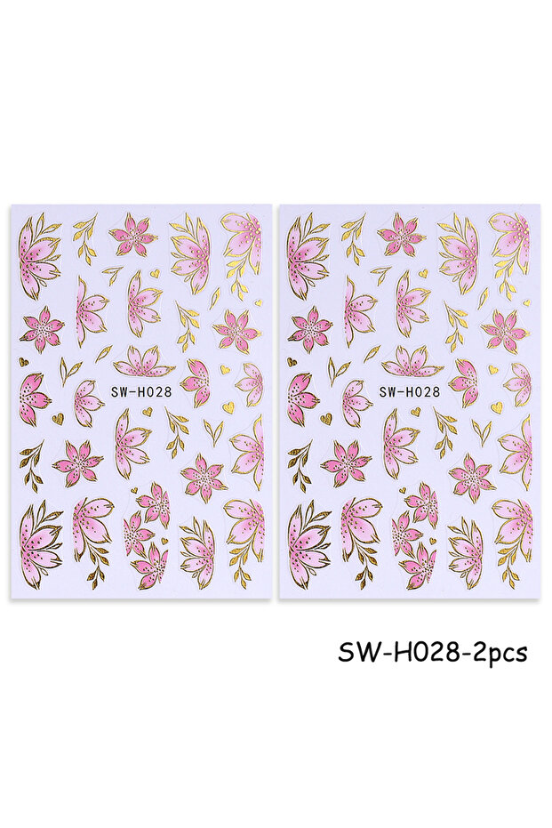 SW-H028-2pcs 2/3pcs Golden Pink Hibiscus Flower Nail Stickers 3D Bronzing Border Petals Sakura Line