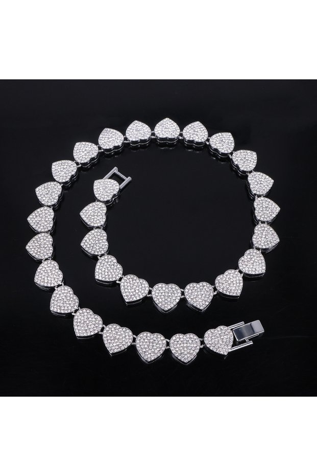 Sliver Color 45cm ZAKOL 45CM New Hip Hop Tennis Chain Bracelet Necklace Shiny Heart Rhinestone CZ Fa