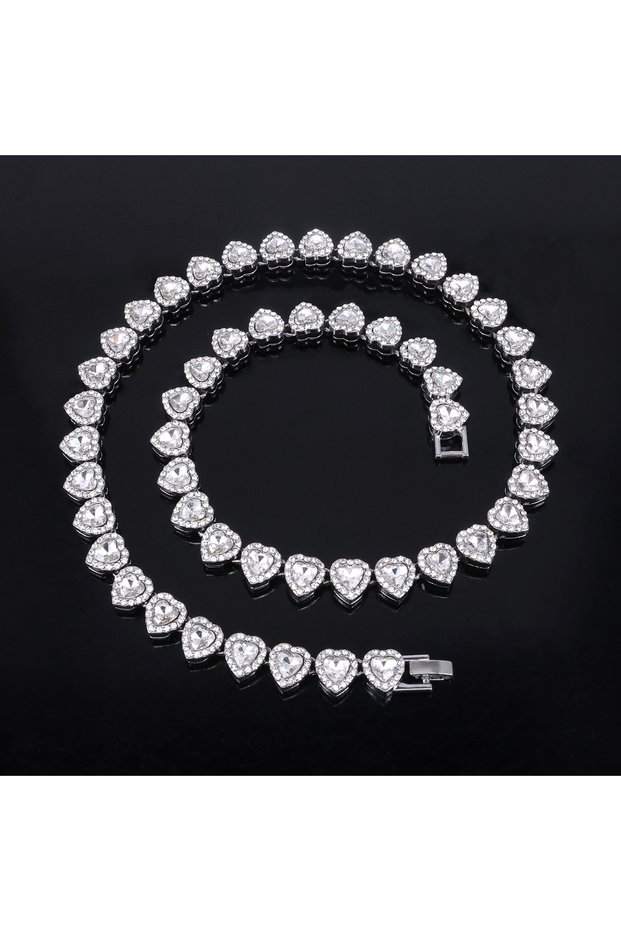 Sliver Color 45cm ZAKOL 45CM New Hip Hop Tennis Chain Bracelet Necklace Shiny Heart Rhinestone CZ Fa