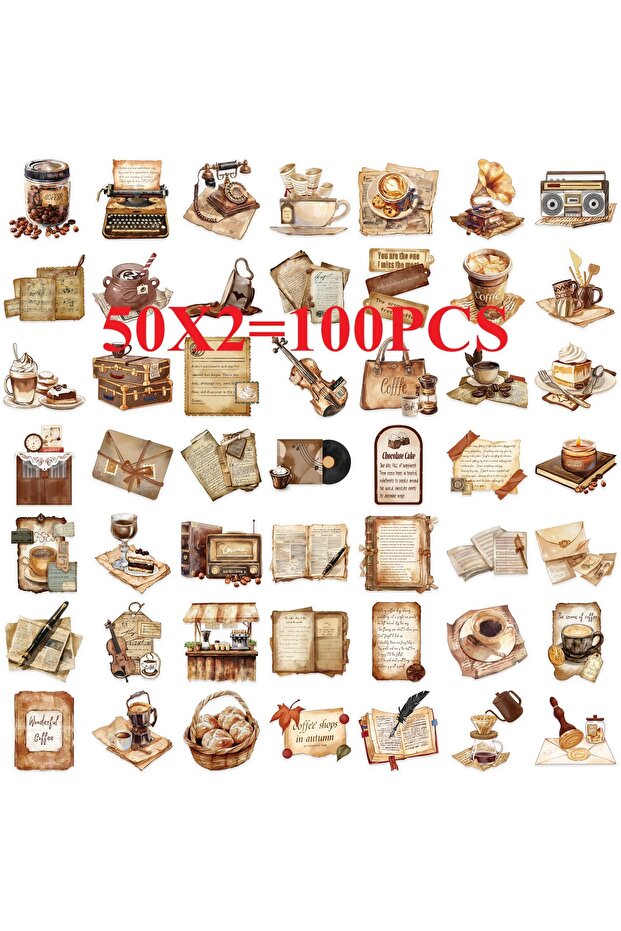 100PCS 50/100PCS Transparent Retro Cafe Sticker Pack Waterproof Transparent PET Decorative Guitar No
