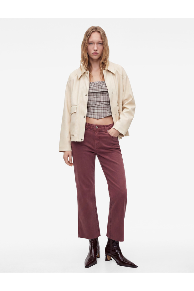 Cotton Slim Fit Buttoned Pocket Flared Crop Jean Trousers - Kick Flare Jeans