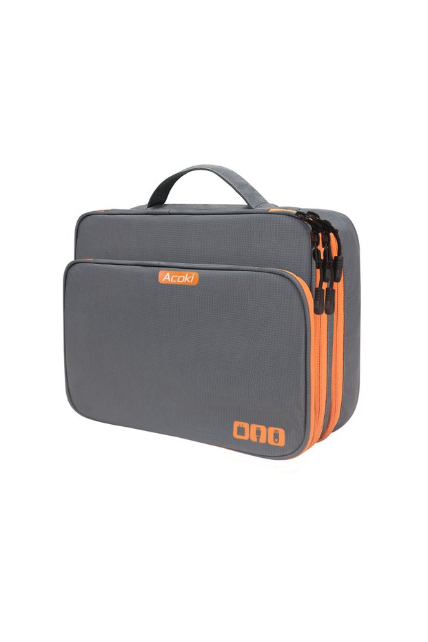 Three layers Grey-XL Multi Layer Electronic Accessories Organizer, Storage Handbag with Front Pocket