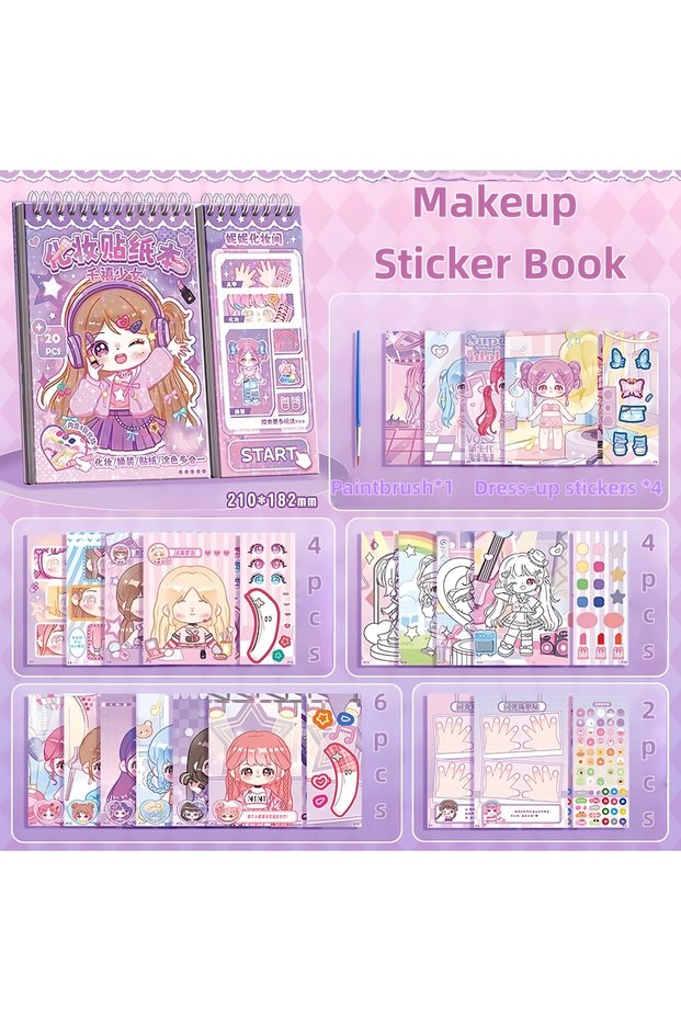 Purple 1 Princess Dress-Up Sticker Book, Creative Girl Nail Art and Makeup Sticker Book, No-Cut DIY