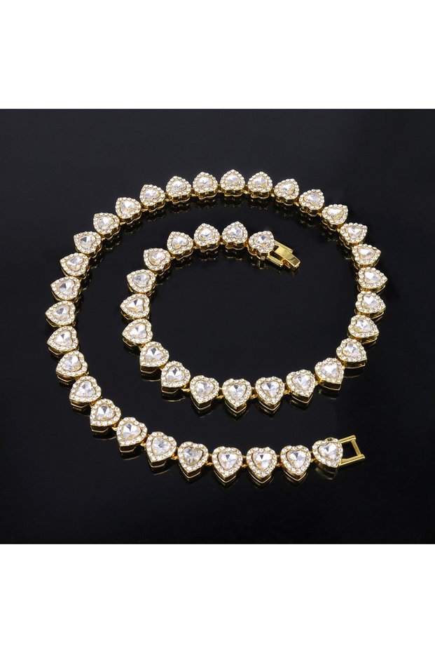 Gold Color 45cm ZAKOL 45CM New Hip Hop Tennis Chain Bracelet Necklace Shiny Heart Rhinestone CZ Fash