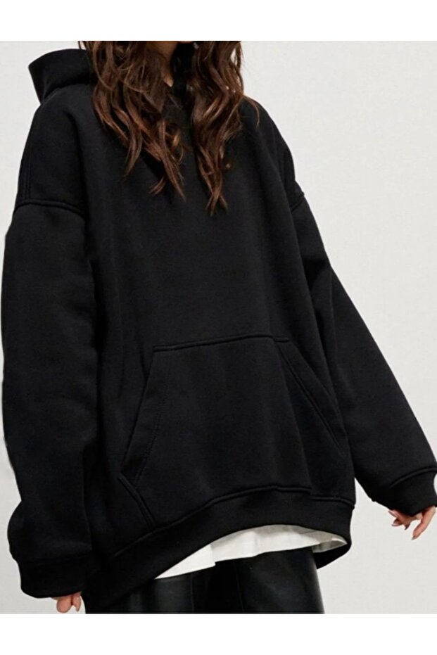 Black Hooded Oversize Regular Fit Unisex Sports Sweatshirt