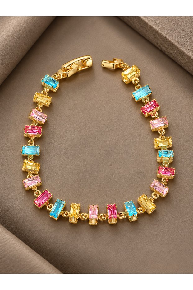 Crystal Stone Baguette Cut Mixed Color Gold Color Gema Women's Bracelet
