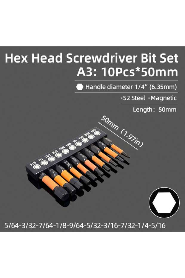 A3 10Pcs 50mm Hex Head Allen Wrench Drill Bits Metric Imperial Magnetic Screwdriver Bit Set 1/4" Sha
