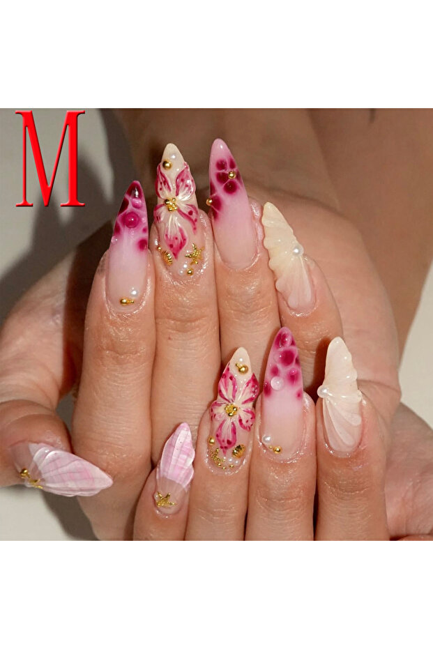 Ivory 10PCS Press on Nails Medium Almond Fake Nails With 3D Flowers And Golden Charm Design, a Gift