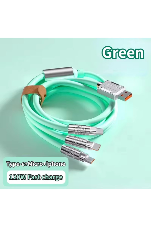 1.2m Green 120W 6A 3 in 1 Fast Charging Type C Cable Micro USB for iPhone Charging Cable For Samsung