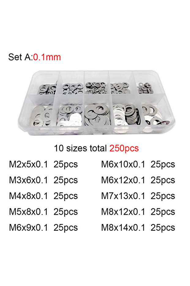 Set A 0.1mm 250x 0.1/0.2/0.3mm M2 M3 M4 M5 M6 M7 M8 304 Stainless Steel Ultra Thin Washer Set Adjust
