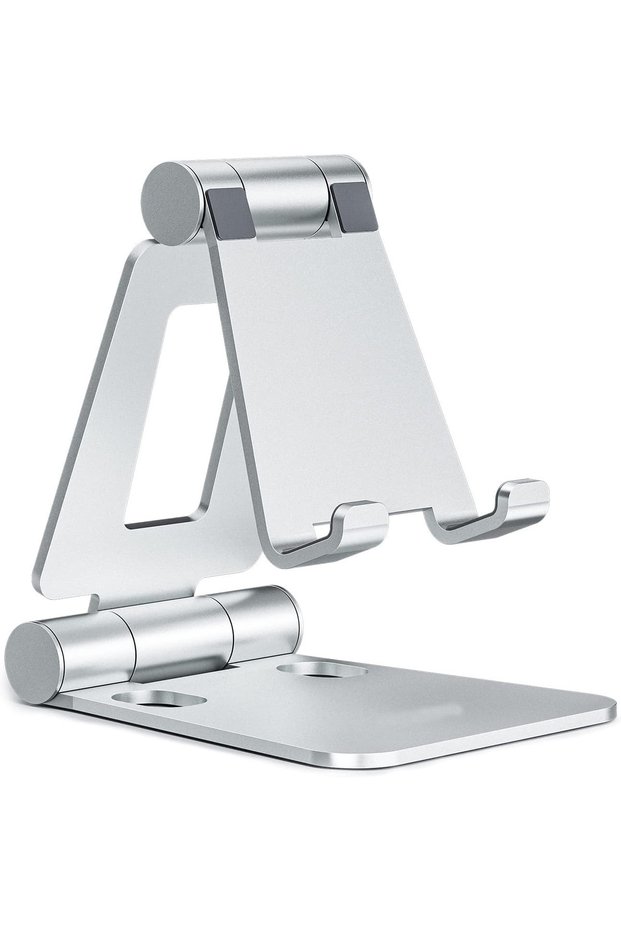 Silver Dual Folding Cell Phone Stand, Adjustable Foldable Holder for iPhone 16/15/14/13/12/11 Pro, X
