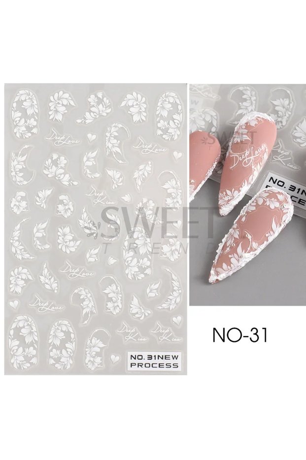 NO-31 White Lace Flower Nail Art Sticker Acrylic Floral Charm Adhesive Sliders Elegant Wedding Bride