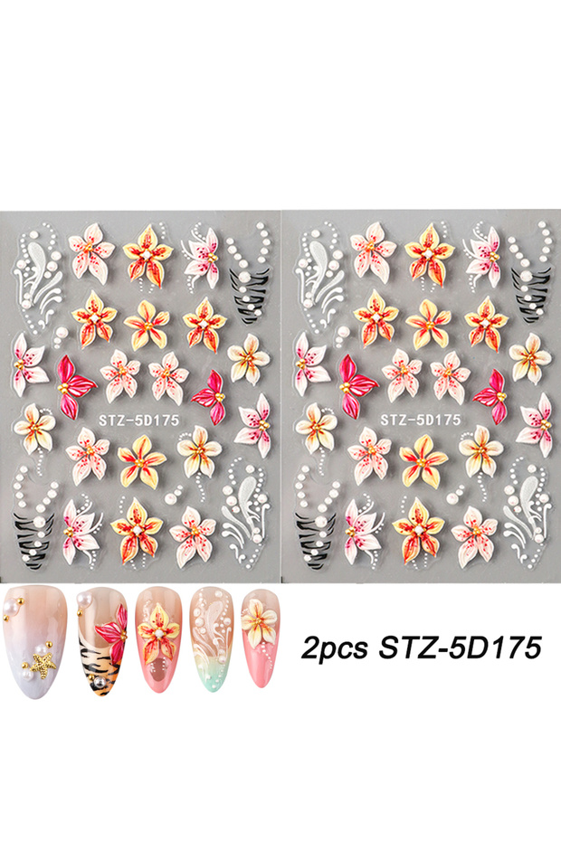 2pcs STZ-5D175 1/2pcs 5D Embossed Flowers Nail Art Stickers Lily Hibiscus with French Leopard Print