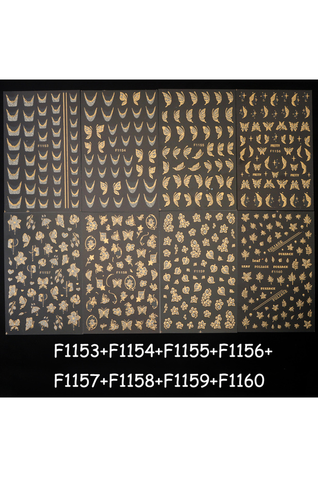 F1153-1160 3D Shiny Brozing Golden French Lines Nail Stickers Silvery Glitter Butterflies Florals Ma