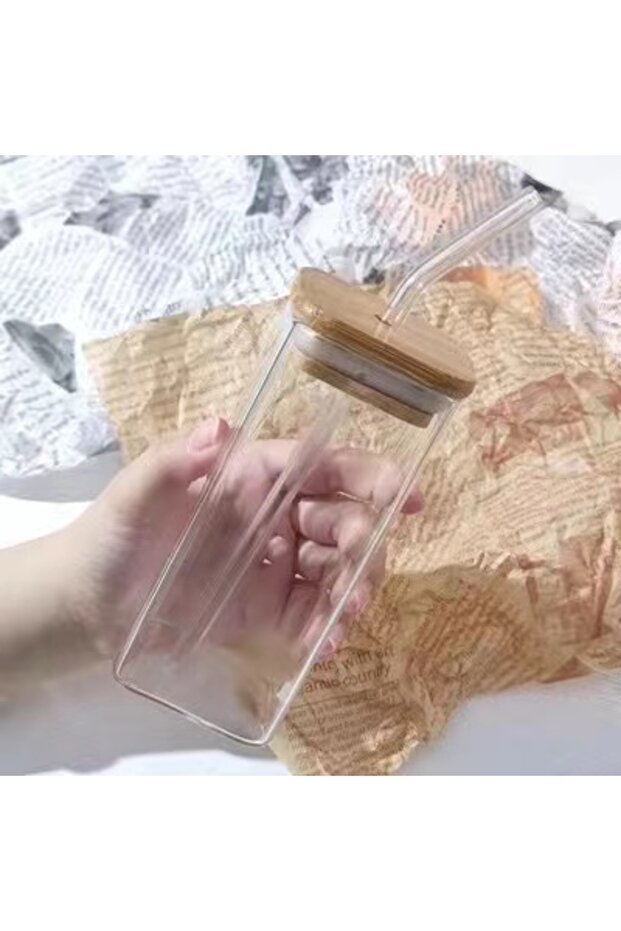 400ml Bamboo lid 1Pcs Square Heat Resistant Coffee Glass Cup With Lid and Straw Transparent Milk Tea