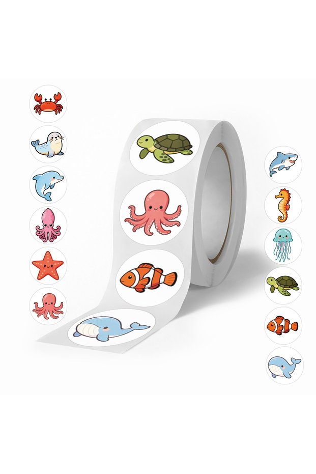 1ROLL 500Pcs Cartoon Marine Life Sea Animals Roll Stickers for DIY Scrapbook Journal Stationery Seal