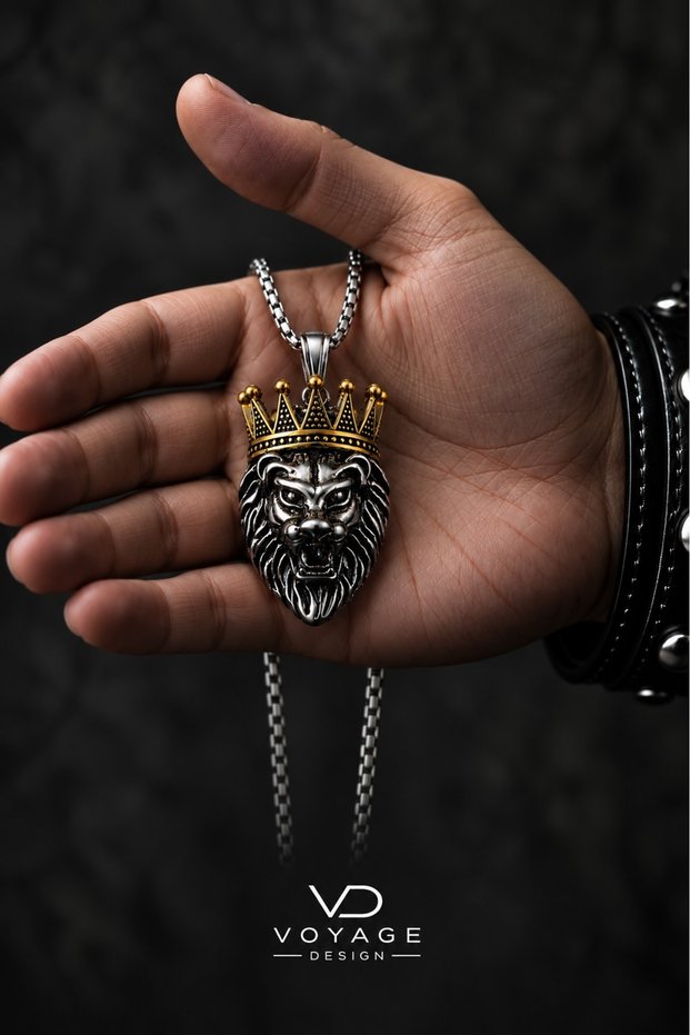 Stainless Steel Crystal Stone Detailed Symbol of Strength and Leadership Crowned Lion Pendant