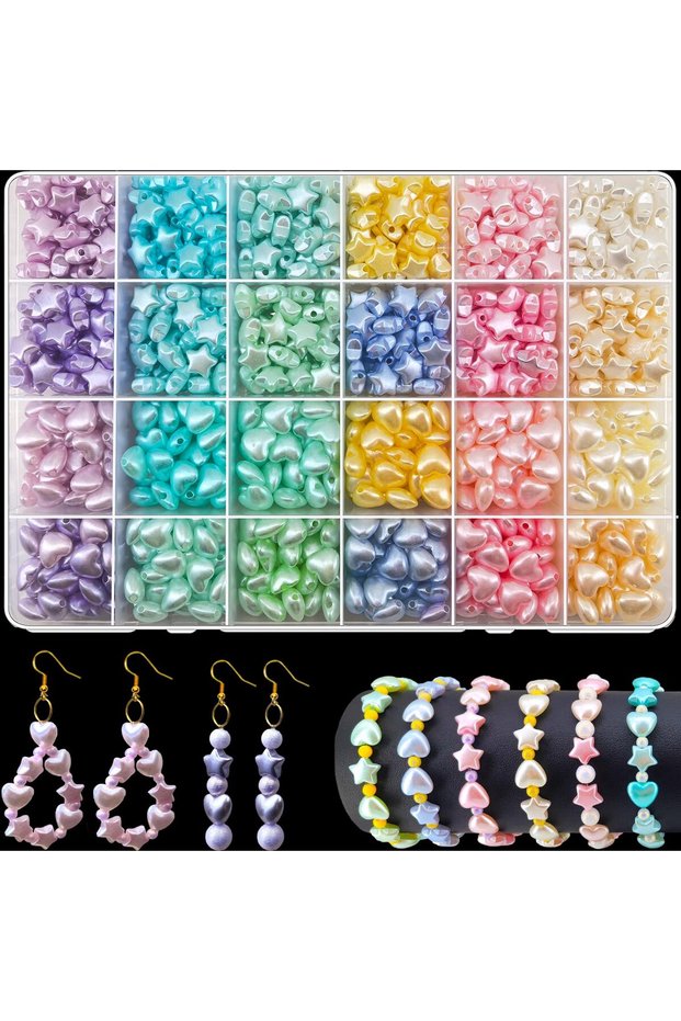 Style 02 480Pcs Acrylic Star & Heart Beads Set Frosted Golden Foil Pastel Colorful Assorted Beads fo