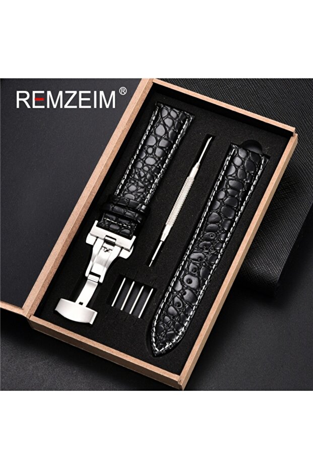 22mm Black-W-S Embossed Leather Watch Strap with Box Watch Band Butterfly Clasp Bracelet 18mm 20mm 2