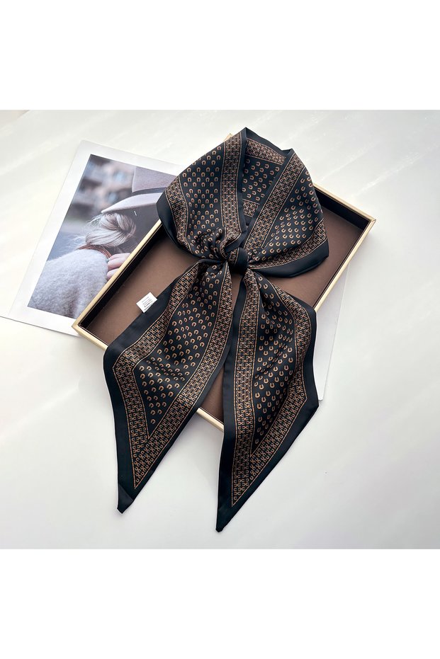 XJ18-6-Black Fashion Print Skinny Scarf For Women Luxury Hair Band Soft Stain Ribbon Tie Neck Bag Sc