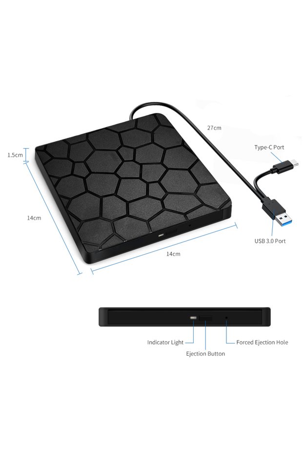 Black External DVD RW Writer Reader Player Burner USB 3.0 Type C 2-port in 1 Slim VCD CD Optic