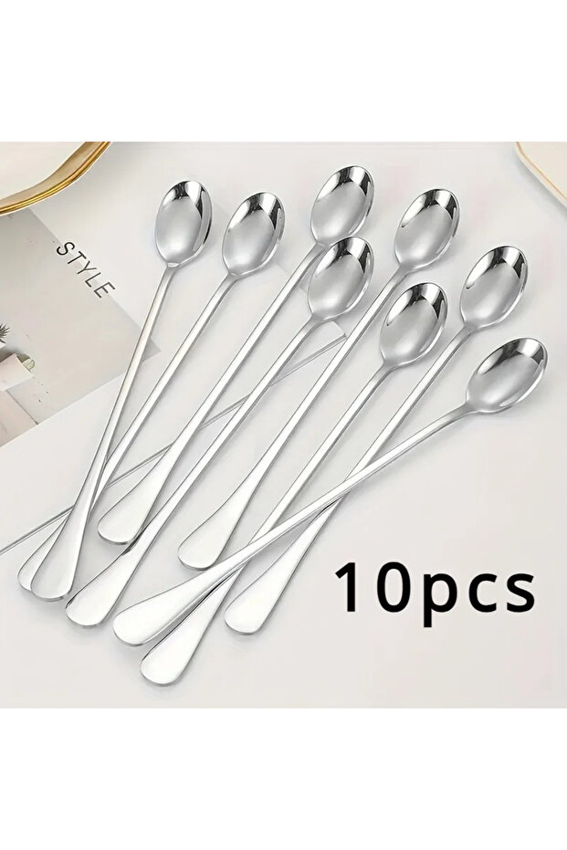10pcs Stainless Steel 1/10pcs Long Handle Spoons Set - Dishwasher Safe, Ideal for Ice Cream, Coffee,