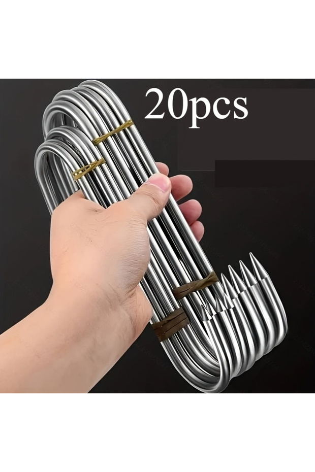 20pcs 20pcs Heavy-duty S-shaped hook - A curved butcher hook with a tip, used for hanging meat and s