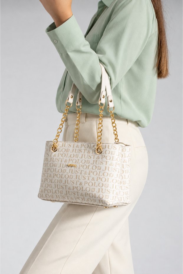 Women's Beige Chain Detailed Hand and Shoulder Bag-2181-Size:26 cm X 18 cm