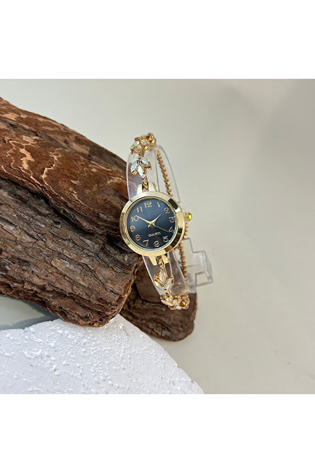 black Round Alloy Case Arabic Numeral Classic Dial Leaf-Shaped Diamond-Encrusted Fashionable Bracele