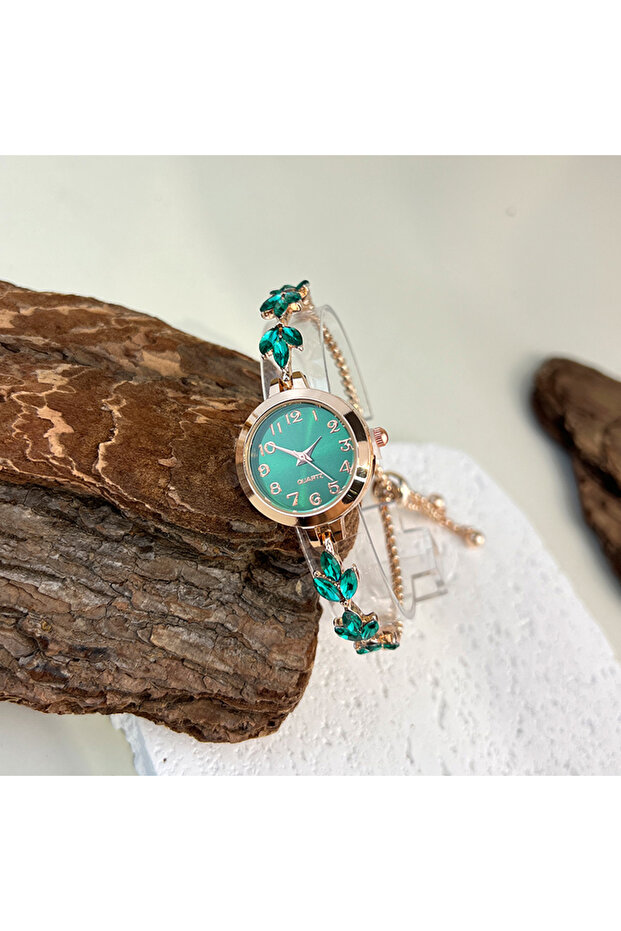 green Round Alloy Case Arabic Numeral Classic Dial Leaf-Shaped Diamond-Encrusted Fashionable Bracele