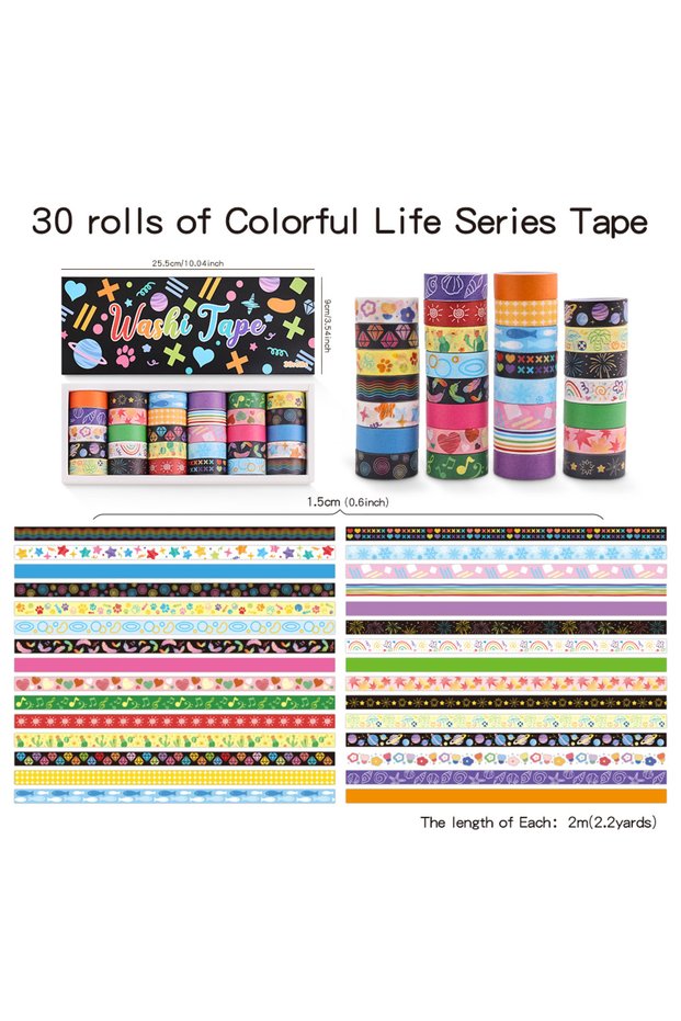 Colorful Life 30 Rolls Colorful Washi Tape Set 2M(2.2 Yards) Length Decorative Masking Tapes Perfect