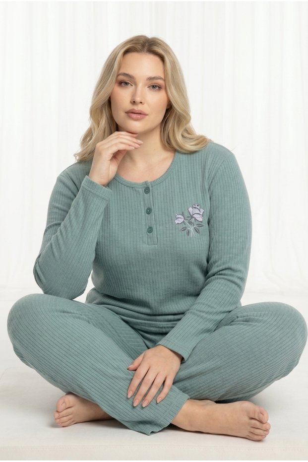 Women's Plus Size Aqua Green / Sage Green Floral Embroidered Buttoned Interlock Pajama Set
