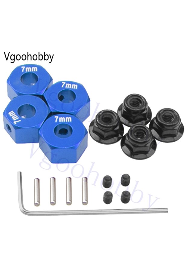 Blue Metal 12mm Hex Wheel Hubs 7mm Thick Drive Adapters with Lock Nuts for Traxxas 1/10 4WD Rustler