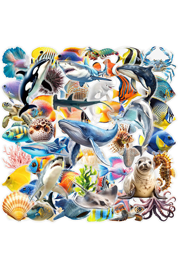 50PCS 50 Pcs Double-Sided Transparent Marine Animal Graffiti Stickers - PET Waterproof Decor for Wal