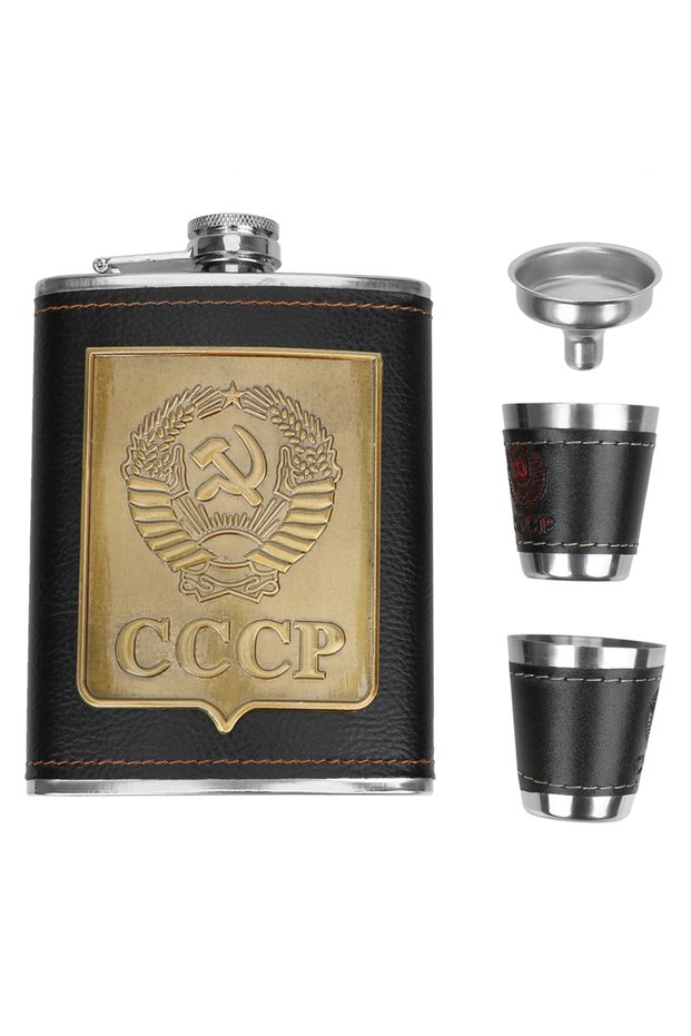 black Whisky Vodka Bottle Kit Hip Flasks CCCP Pattern Anti Slip with Cups Funnel 8oz Stainless Steel