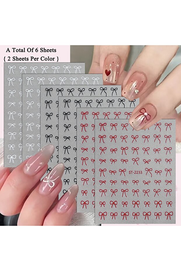 SetAB (6 Sheets) 2 to 30 Sheets 3D Bow Nail Art Stickers, Mini Ribbon Outline Decals, Transparent Se
