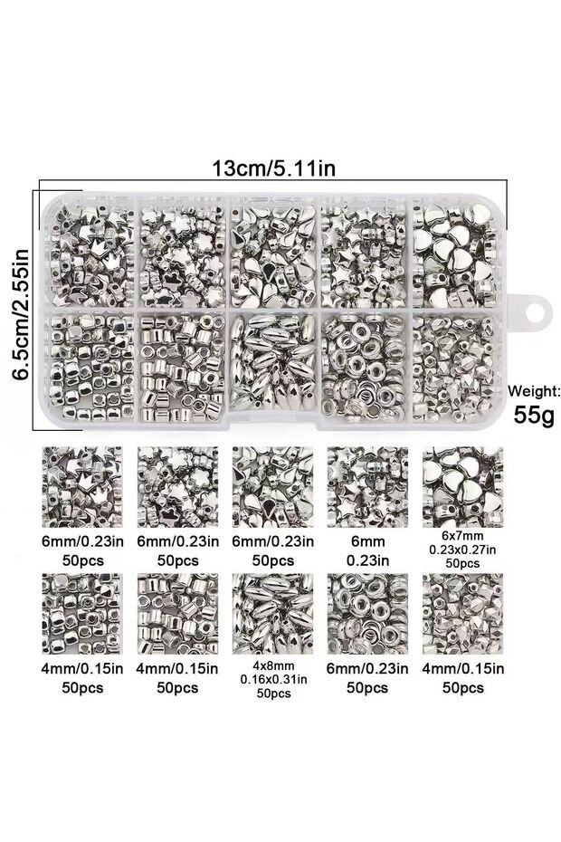 silver 500PCS 10 Style Crown Star Heart Spacer CCB Gold Silver Plated DIY Kit Set Box Loose Beads Fo