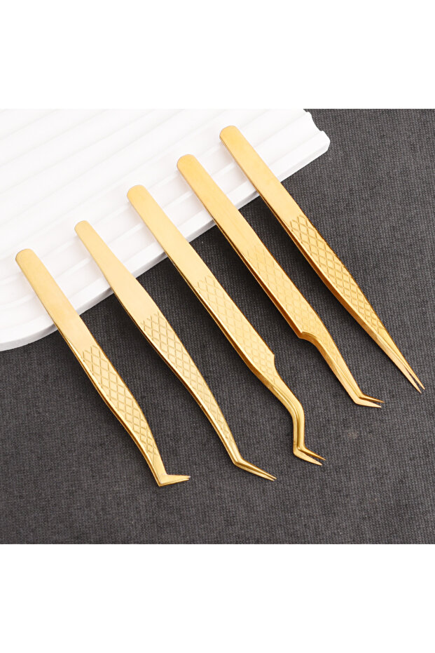 5pcs Set 1pc Eyelash Tweezers for Extension Golden Stainless Steel High Precision Tweezer for Volume