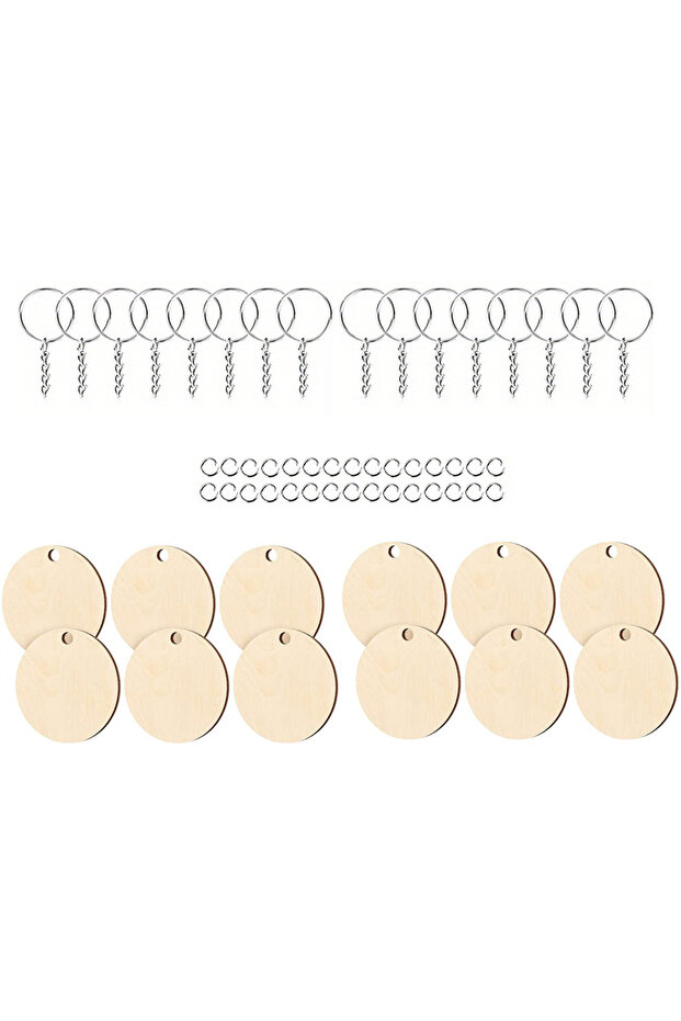 30pcs Silver 30PCS Round-Shaped Wooden Keychain Set with Unfinished Wood Chip Key Rings DIY Supplies
