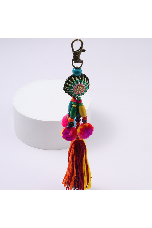 E018 1pc Flower Charms Keychains Wooden Beads With Pompom Keyring Colorful Jewelry Boho Style