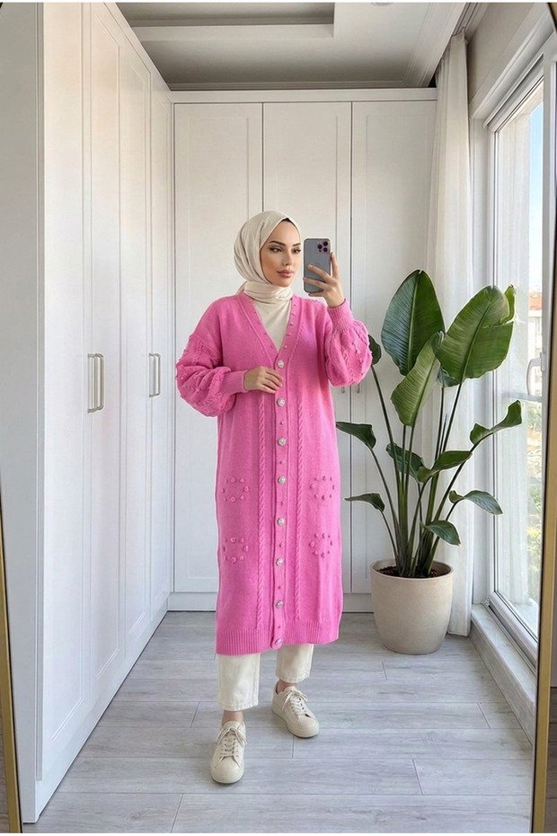 Women's Pink Standard Size Embroidered Pearl Stone Buttoned Knitwear Long Cardigan 120 cm