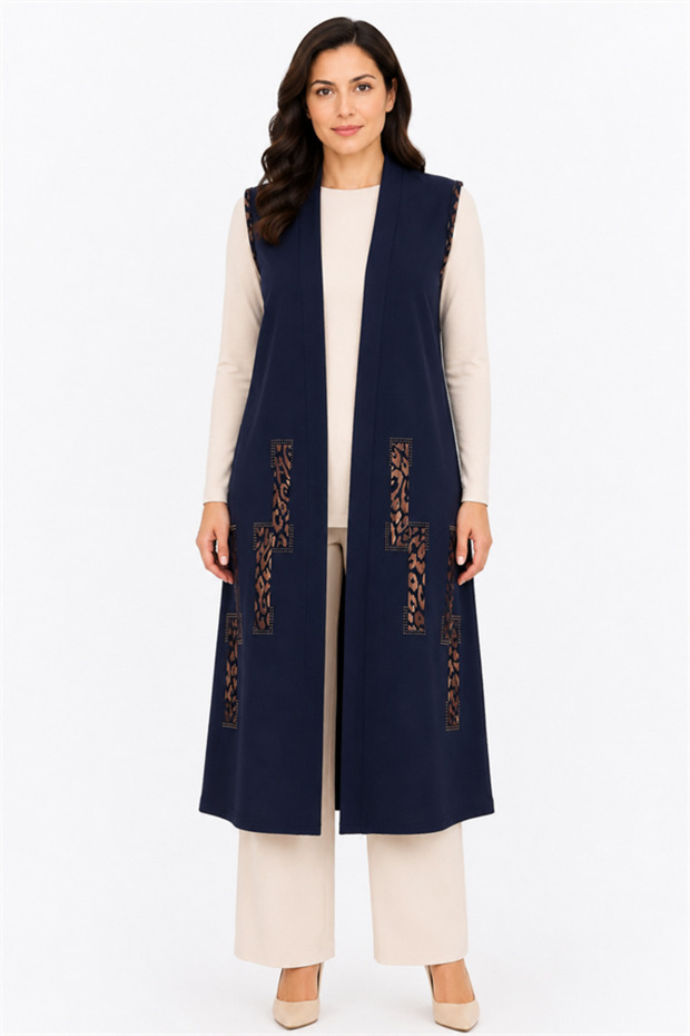 Women's Middle-Aged Patterned Comfortable Fit Flounced Combed Cotton Mother Long Vest 4320