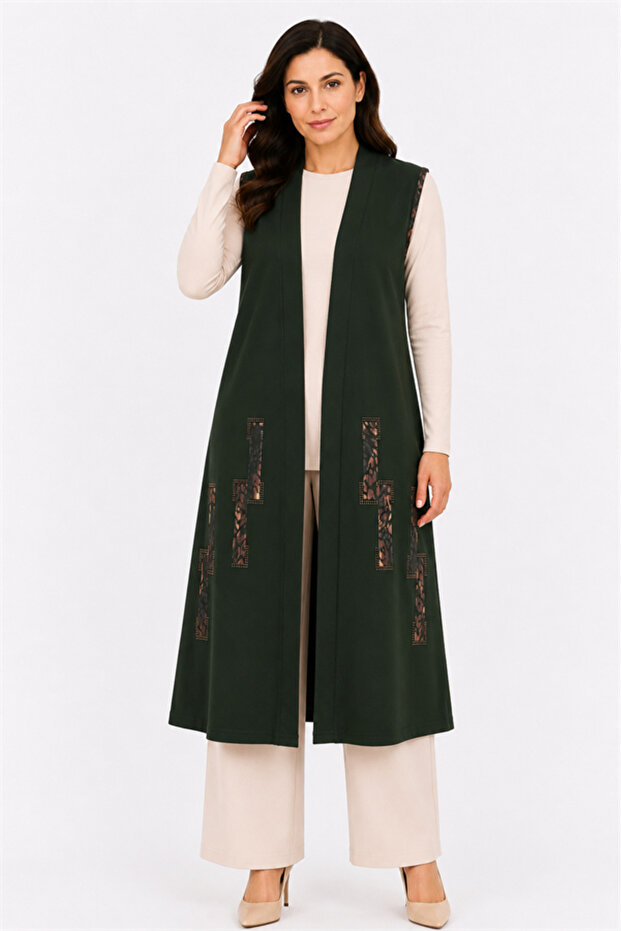 Women's Middle-Aged Patterned Comfortable Fit Flounced Combed Cotton Mother Long Vest 4320