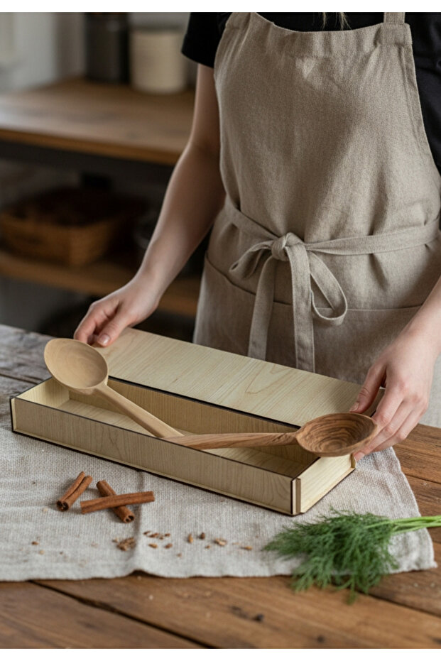30 cm Large Size Natural Olive and Cinnamon Wood Spoon Set | In Gift Wooden Box
