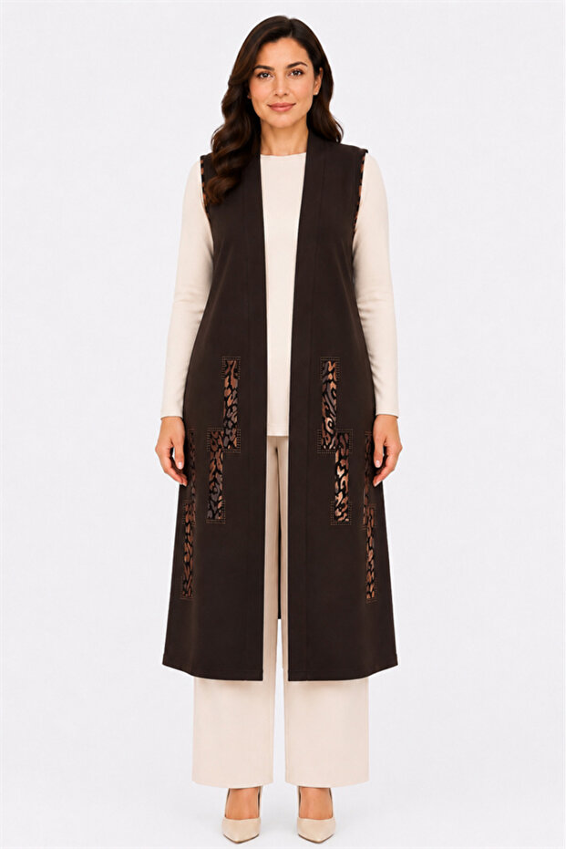 Women's Middle-Aged Patterned Comfortable Fit Flounced Combed Cotton Mother Long Vest 4320