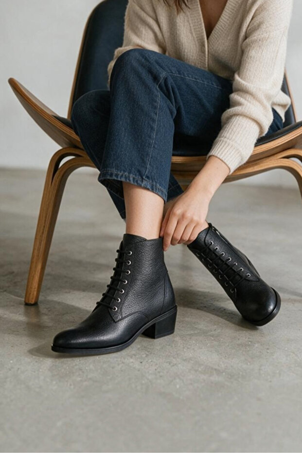 Women's Black Genuine Leather Lace-Up Boots & Booties
