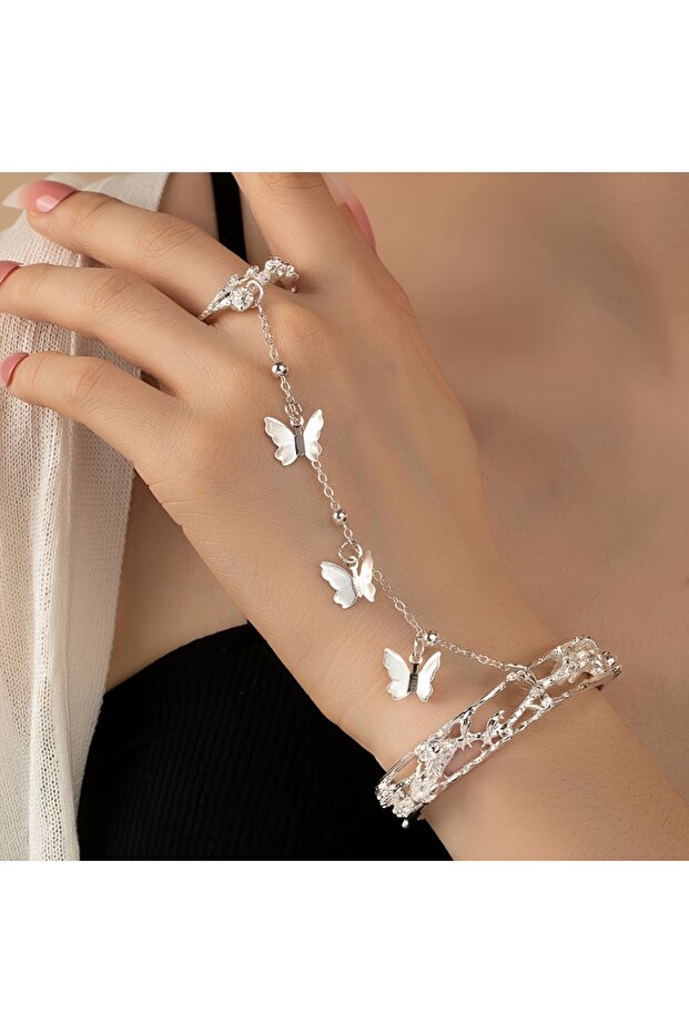 YC5184-1 Retro Butterfly Bracelet Multi functional ring and bracelet set perfect gift for women cute